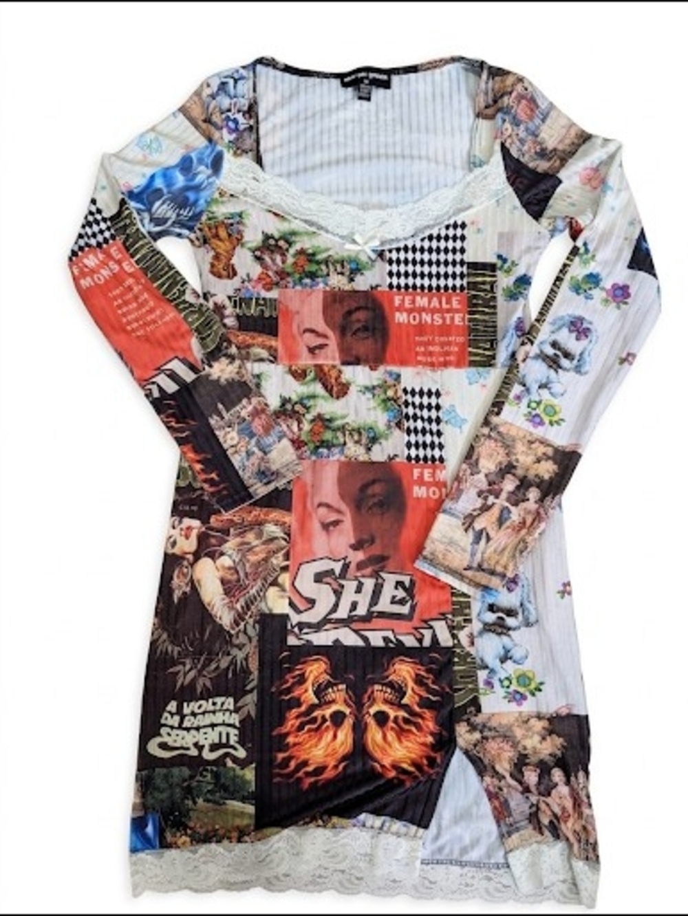 Y2K Vintage Sci-Fi Graphic Patchwork | New Girl Order Bodycon Dress Size 12 Lace